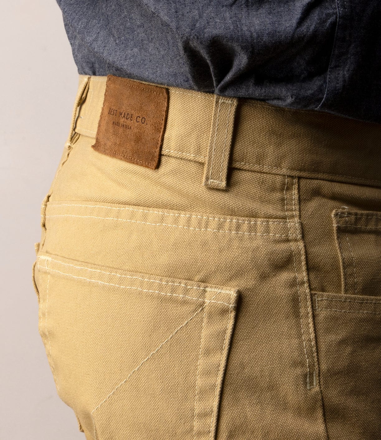 A close-up of Best Made Co's Standard 5-Pocket Pant M2 - Khaki, made from heavyweight cotton canvas and proudly crafted in Kentucky.