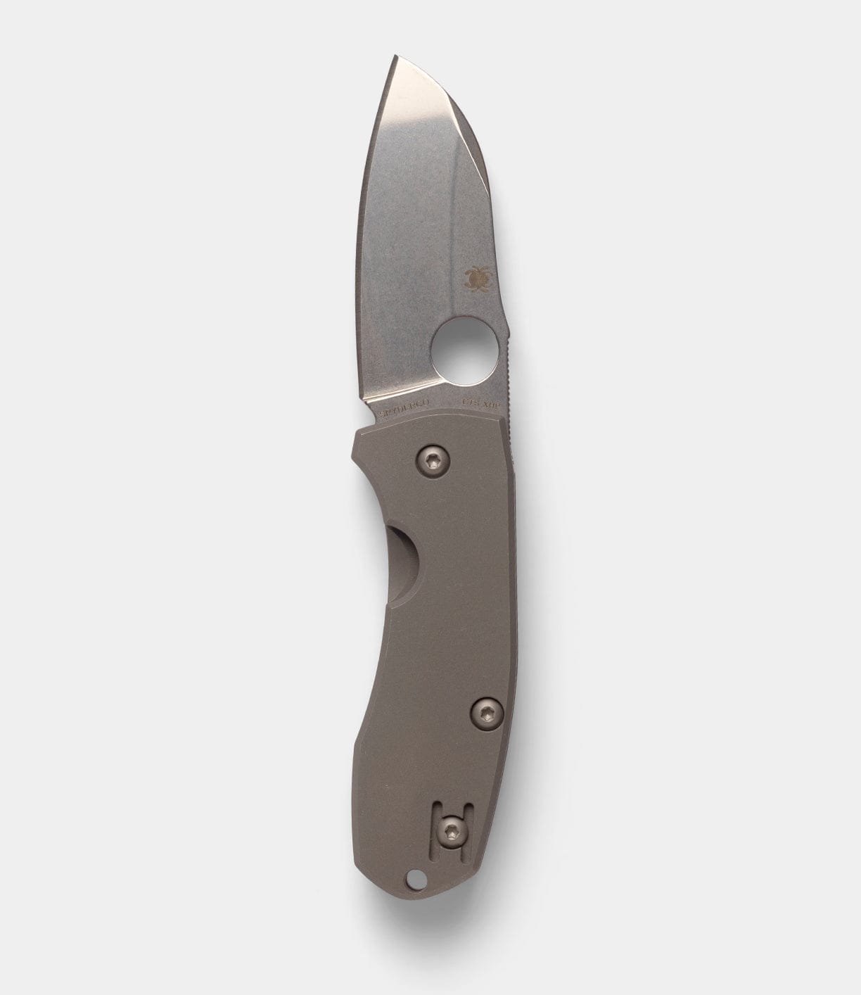 The Best Made Co Spyderco Techno 2 is a folding pocket knife with a short, wide CTS-XHP steel blade and a matte titanium framelock handle, shown on a plain light gray background.
