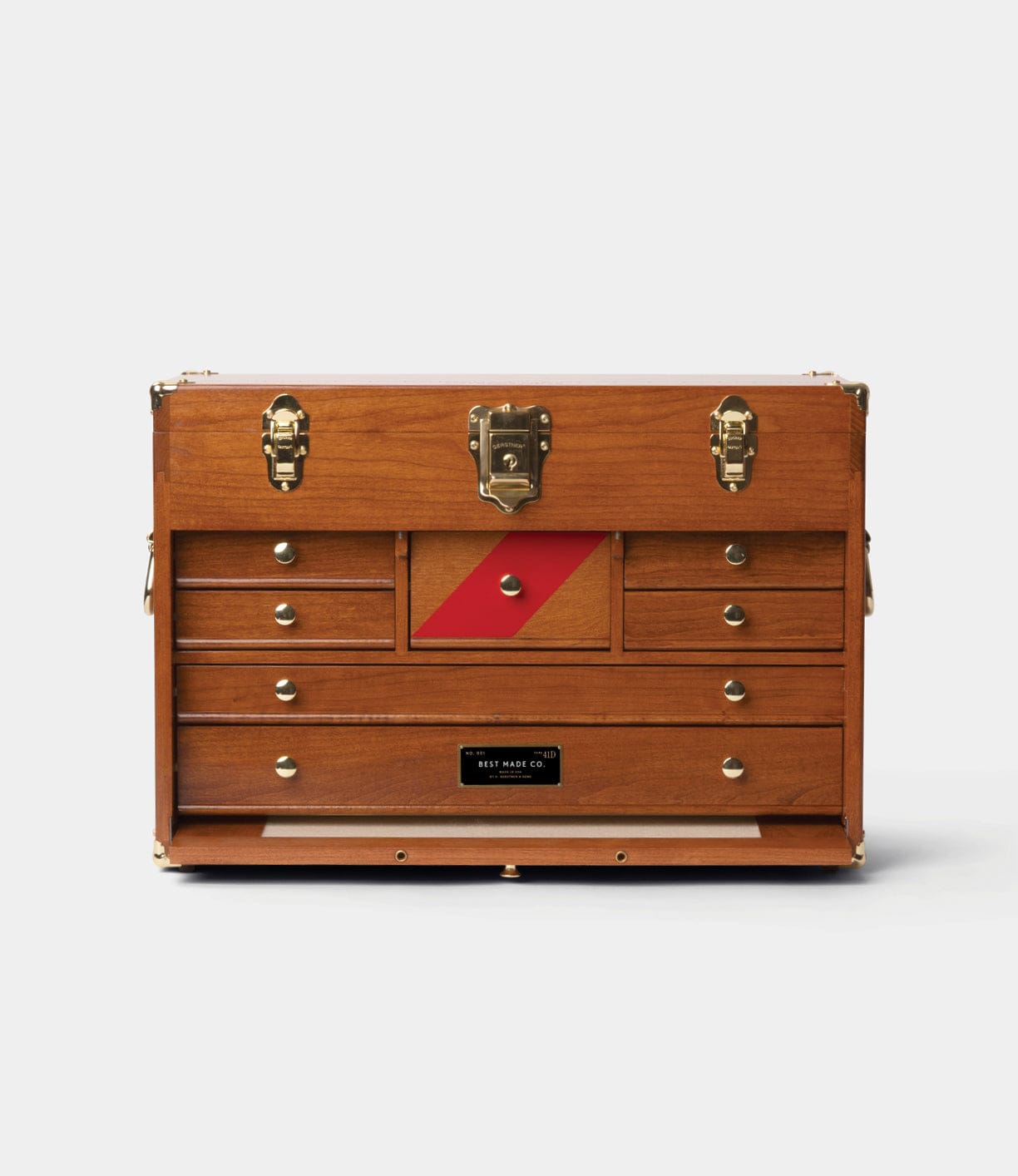 The Gerstner 41D Founder's Edition by Best Made Co. is a wooden machinist chest with brass hardware, eight drawers (including a red-accented center drawer), and a “BILT HARD CO” label—design inspired by classic Gerstner chests.