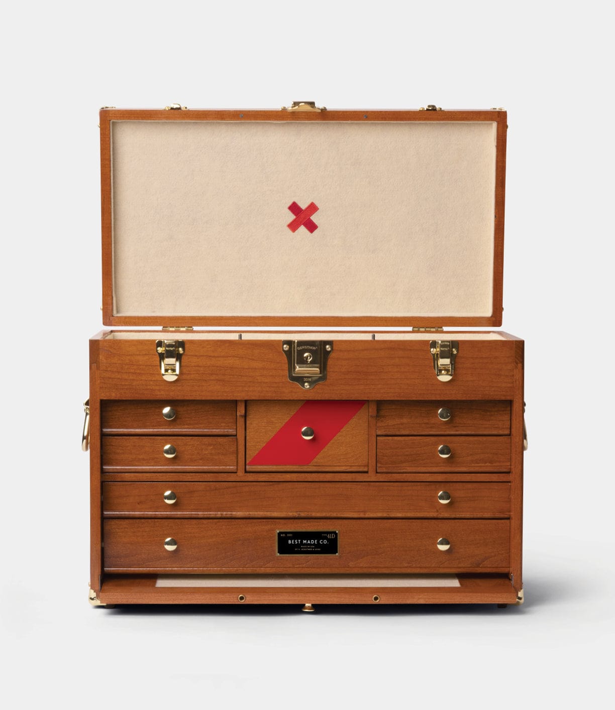 The Best Made Co. Gerstner 41D Founder’s Edition is a wooden machinist chest with an open lid, showcasing multiple drawers and compartments, a red “X” inside the lid, diagonal red stripe on center drawers, and brass hardware.