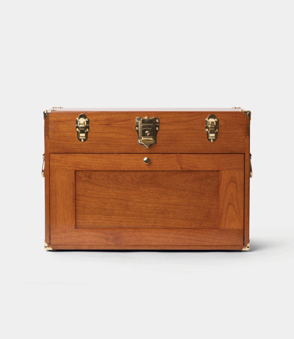 The Gerstner 41D Founder’s Edition by Best Made Co. is a rectangular wooden machinist chest featuring a front panel, brass hardware, and latches, displayed against a plain white background.