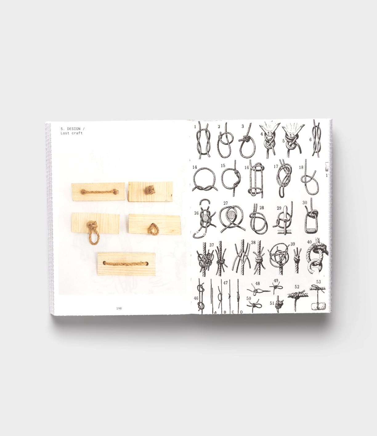 An open book from Best Made Co.’s Tane Garden House shows wooden blocks with various knots on the left page and detailed black-and-white knot-tying illustrations on the right, all set against a white background.