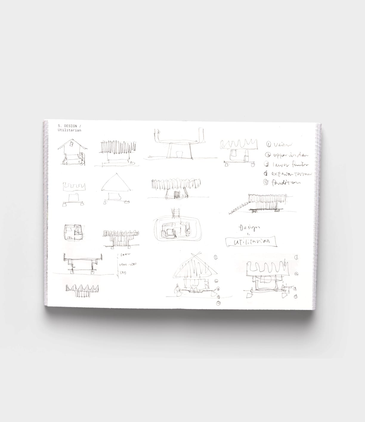 A sketchbook page with pencil drawings of hut-like structures, architectural diagrams, and notes inspired by the Tane Garden House by Best Made Co., featuring sustainable architecture referencing the Vitra Design Museum.