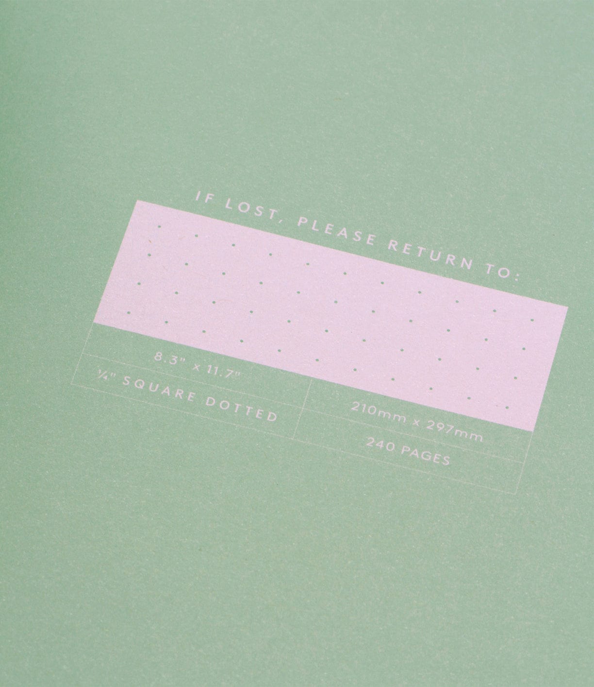 The Best Made Co. S.B.T. Max Cloth-Bound Notebook features a green cover, pink "If lost, please return to:" box, 8.3" x 11.7" (210mm x 297mm) size, 1/4 square dotted and numbered pages, with a total of 240 pages.