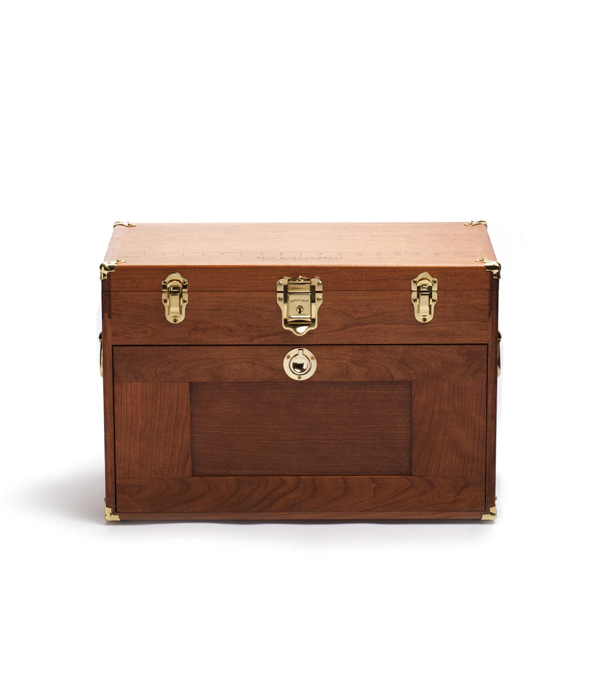The 41D Gerstner Chest 2026 by Best Made Co. is a rectangular American cherry chest with brass hardware, corner protectors, a central latch, and side handles, shown on a white background.