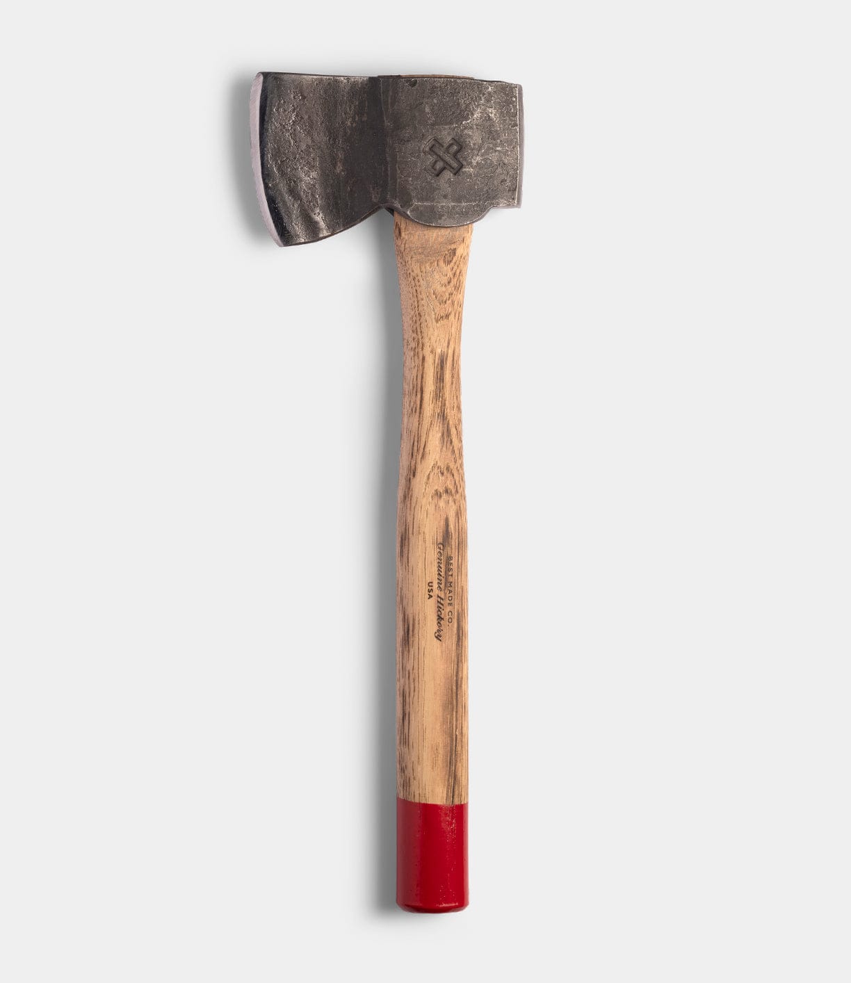 The Best Made Co. Spark (Straight-Hold Edition) features a high-carbon steel axe head with a wide, dark finish and an Appalachian hickory handle with a red-painted end, shown against a plain white background.