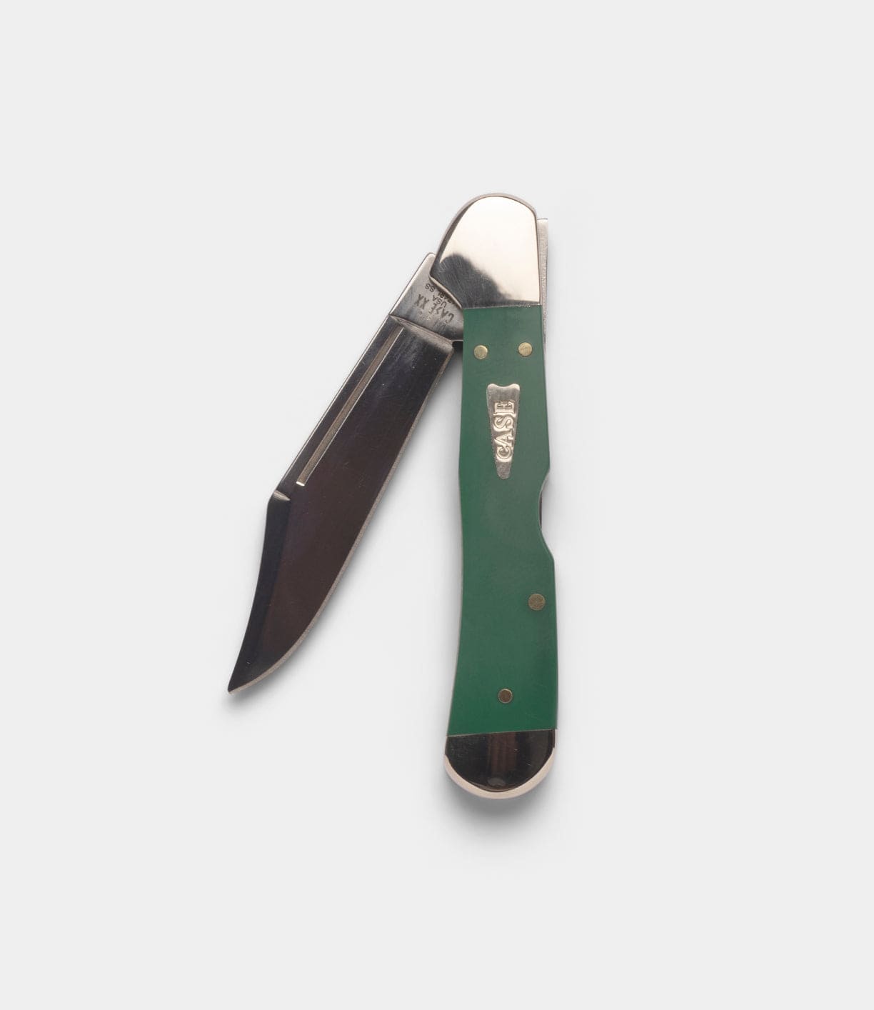 A folding lockback knife with a green handle and silver accents. The blade is partially open, and the Best Made Co name is on the handle. This Mini Copperlock pocket knife is set against a plain, light gray background.