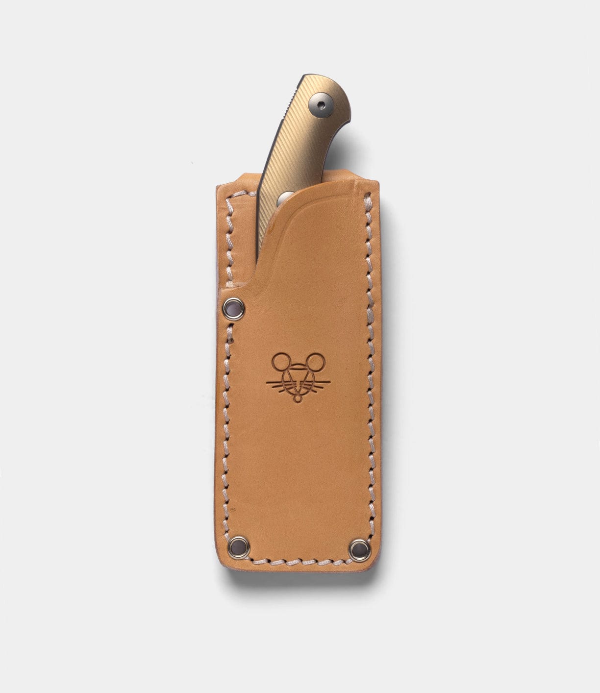 A tan leather sheath with white stitching and a mouse face logo holds the Best Made Co GiantMouse GMF1-P (BMC Edition) fixed blade knife with a textured light brown handle, partially visible against a plain gray background.
