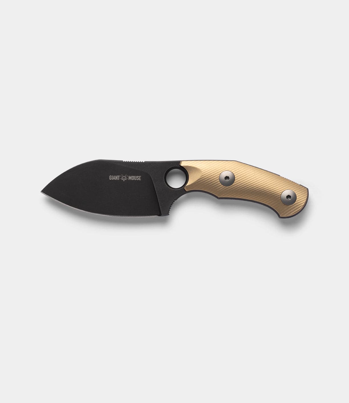 The Best Made Co GiantMouse GMF1-P (BMC Edition) features a black N690 steel fixed blade, a tan textured handle with a finger hole by the blade, displayed on a plain light gray background.