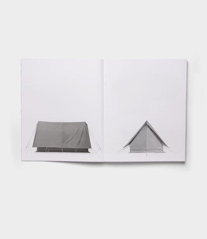 An open copy of Best Made Co.'s "The Camping Tent" shows black-and-white photos of a tent—a side view on the left and front view on the right—set against a plain white background in a minimalist, Robert Adams-inspired style.