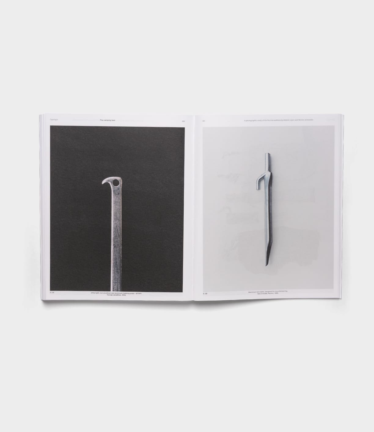 An open book displays The Camping Tent by Best Made Co., with two pages showing close-up photos of the tent against plain backgrounds—one dark, one light. The centered images recall Robert Adams’ handcrafted art style.
