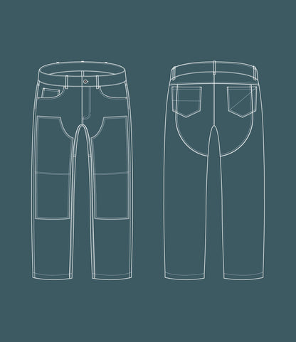 Line drawing of Best Made Co. Field Pant Special Edition Navy in cotton twill, showing front patch pockets and knee seams, plus two rear pockets. Dark teal background highlights these reinforced work pants.