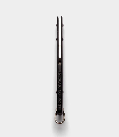 Black leather dog collar with a metal ring and embossed text reading Best Made Co.—shown from a top-down view against a plain white background—an elegant accessory inspired by the iconic K55K Mercator design.