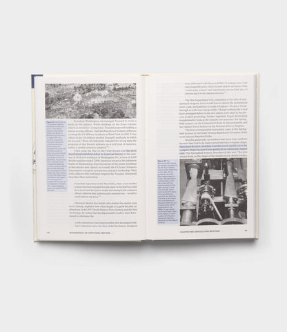 An open copy of "Maintenance of Everything" by Best Made Co. displays two pages: a black-and-white historical town image on the left, machinery on the right, surrounded by text and blue sidebars—highlighting themes of maintenance and preservation.
