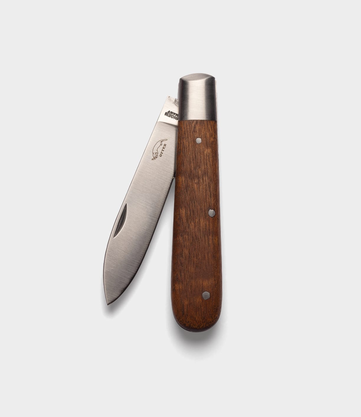 A Best Made Co. Otter-Messer Pocket Knife with a sapele handle and a partially open stainless steel blade, displayed on a plain light gray background.