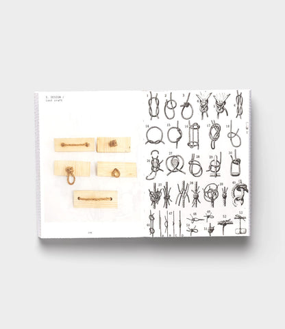 An open book from Best Made Co.’s Tane Garden House shows wooden blocks with various knots on the left page and detailed black-and-white knot-tying illustrations on the right, all set against a white background.