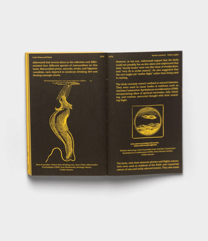 An open book, With a Bird by Best Made Co., displays black pages with yellow text—a sea creature sketch on the left and a floating organism photo on the right—along with descriptive passages from this cross-disciplinary anthology.