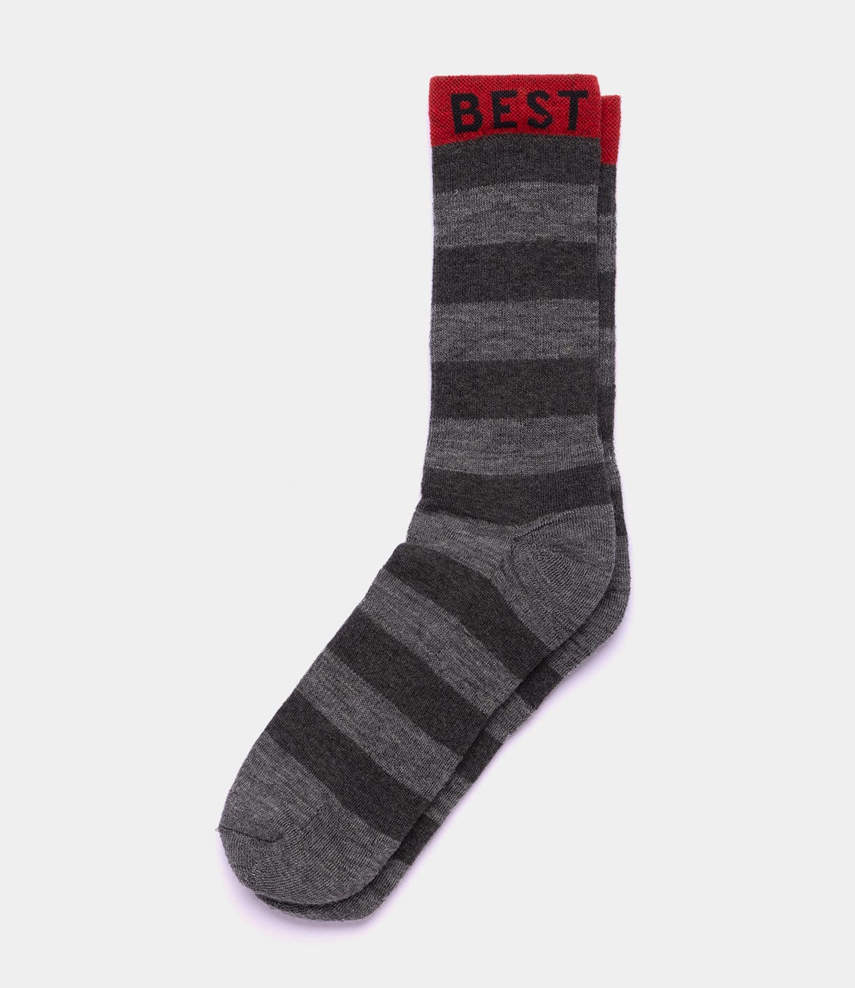 The Standard Wool Socks by Best Made Co are single gray merino wool socks with dark gray stripes and a red cuff reading "BEST" in black, designed for moisture wicking and all-day comfort.