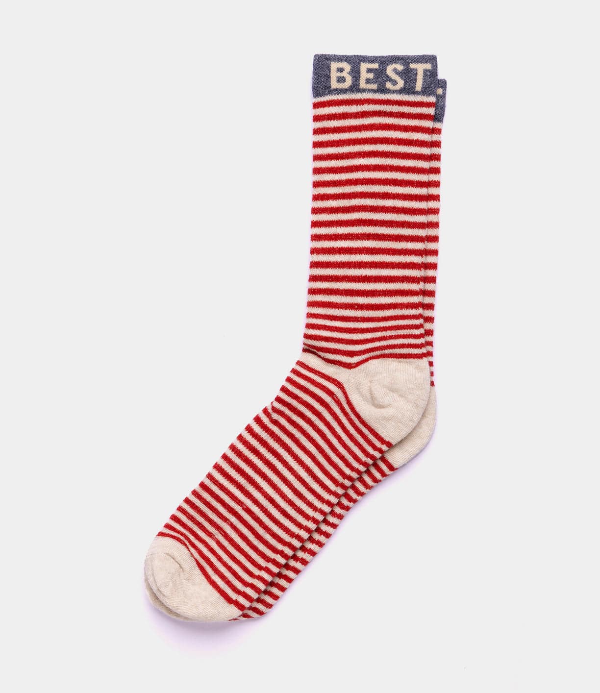 A single pair of Standard Wool Socks by Best Made Co in red and white stripes with beige toes and heels, gray cuff with "BEST" in white, offers all-day comfort and a stylish look.