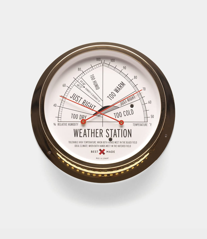Round brass-case Weather Station by Best Made Co. displays temperature and humidity with thermometer and hygrometer dials, labeled Too Warm, Too Cold, Just Right. Features "Weather Station" and "Best Made Company" text on face.