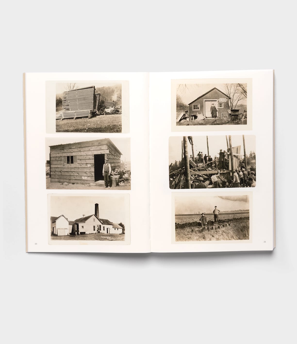 An open "Will Write Soon" album by Best Made Co. displays five vintage black-and-white real photo postcards on two pages, featuring rural American scenes with people, houses, and outdoor gatherings around logs.