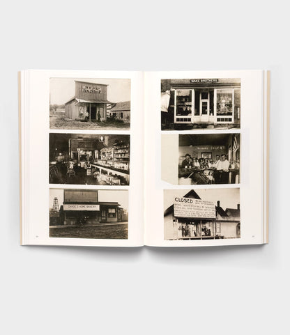 “Will Write Soon” by Best Made Co. is an open book displaying black-and-white photos of early twentieth-century rural America, featuring diners, shops, and people behind counters in a striking two-page collage of storefronts and interiors.