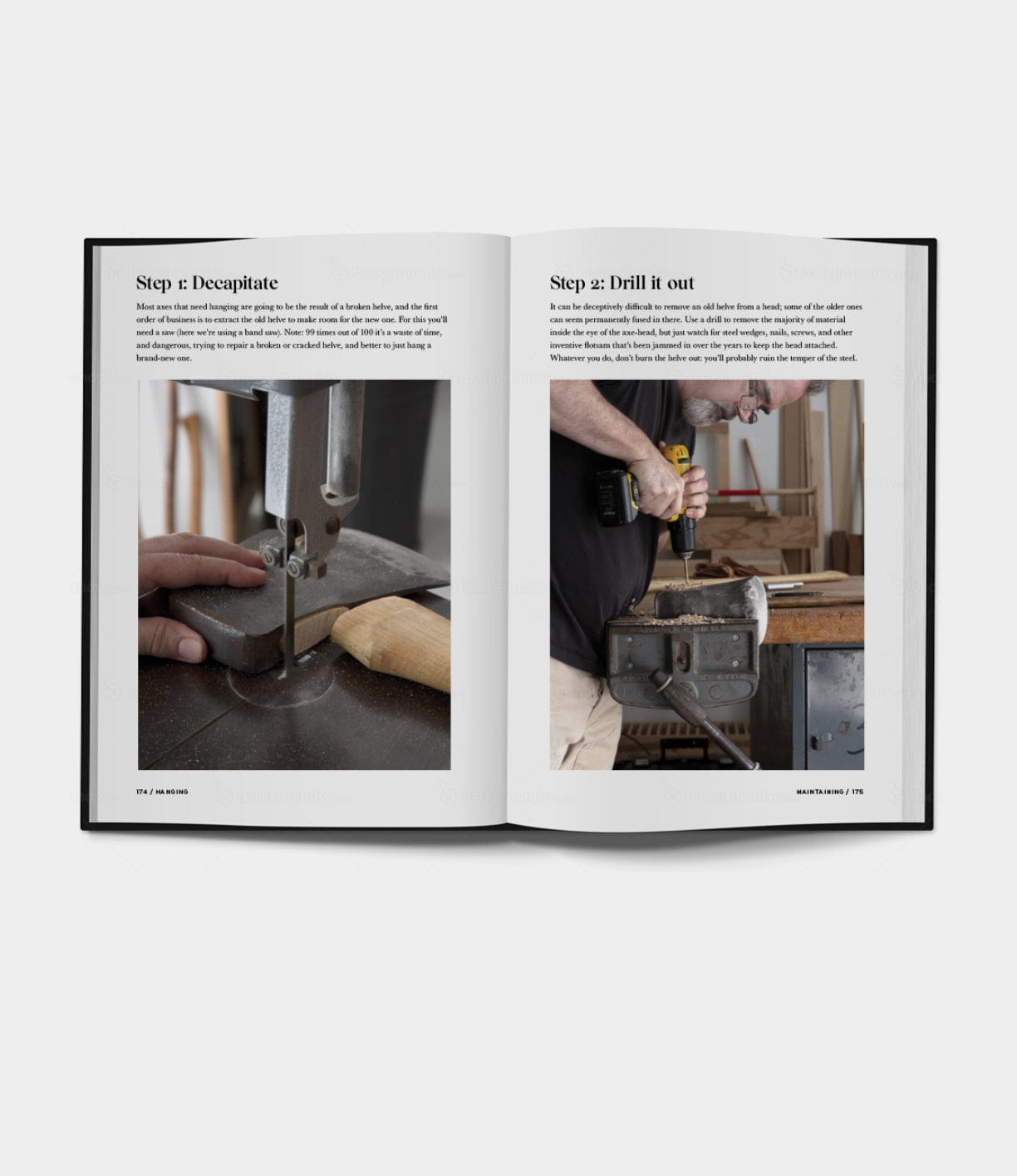 An open copy of Buchanan-Smith’s Axe Handbook by Best Made Co displays two pages: the left shows someone using a bandsaw on wood, while the right depicts a person operating a drill in a workshop.