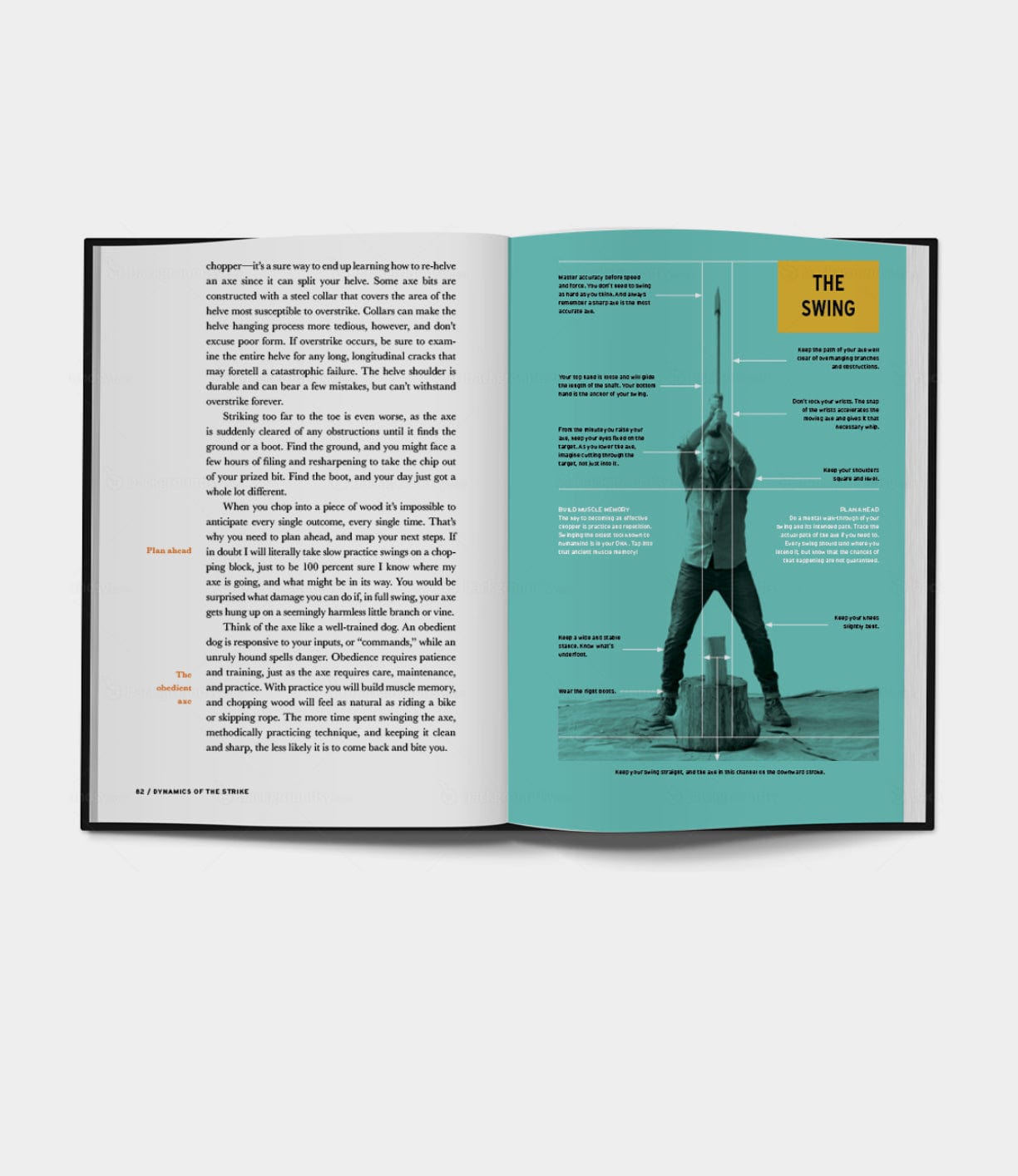 An open book displays two pages: the left has mostly black text with orange headers, while the right page, from Best Made Co’s Buchanan-Smith’s Axe Handbook (unsigned), features a teal background and a photo titled “THE SWING.”.