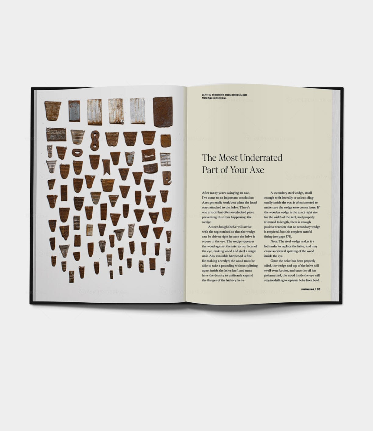 An open Buchanan-Smith’s Axe Handbook by Best Made Co shows rows of axe head photos and an article titled “The Most Underrated Part of Your Axe,” highlighting the quality behind every Best Made tool.