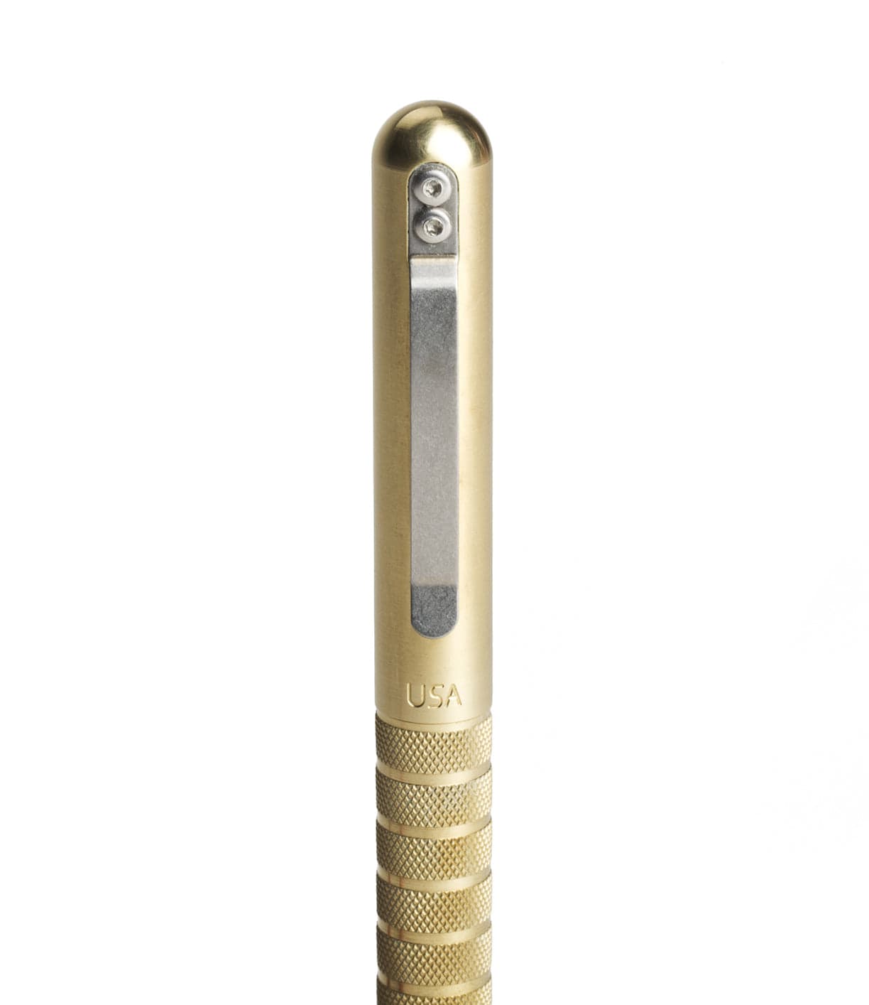 The SUPRA - Fountain Pen by Best Made Co. features a brass body, metal clip, rounded top, textured grip, and "USA" engraved near the clip. Compatible with Fisher Space Pen refills, it stands vertically against a white background.