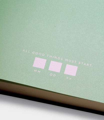 A close-up of the Best Made Co. S.B.T. Max Cloth-Bound Notebook shows a green cover with "ALL GOOD THINGS MUST START:" and three blank boxes labeled MM, DD, YY for entering a date.